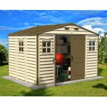 Abri de jardin en vinyle 10 x 8 avec 3 fenêtres kit de fondation métal 324,8 x 247 x 233,2 cm