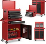 Servante d’atelier métal 5 tiroirs 2 étagères verrouillable - Rouge+noir – image 1