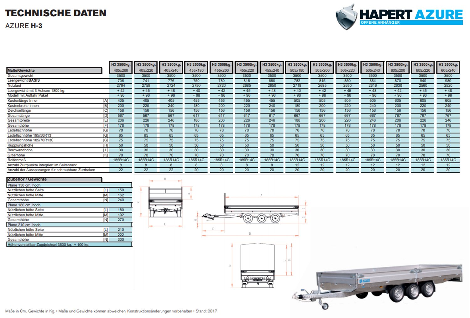 Remorque plateau Hapert Azure H-3 3500 4550 x 2400 mm 3 essieux